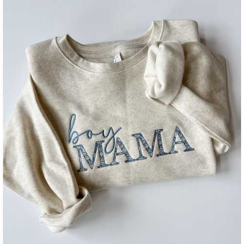 Boy Mama Embroidered Sweatshirt with Blue Floral Pattern Mama Sweatshirt Embroidered for Boy Mom Sweatshirt with Chinoiserie Pattern