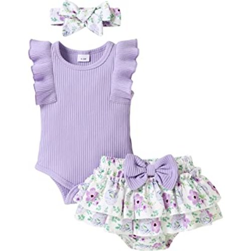 Tiny Cutey Baby Girl Clothes Infant Summer Outfits Set Ruffle Sleeve Romper and Floral Shorts with Headband