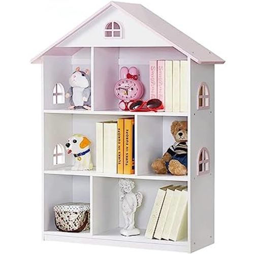 Wooden Dollhouse Bookcase 3-Tier Doll House Bookshelf Kids Books Toys Storage Organizer Shelves for Children's Bedroom Playroom Nursery Kindergarten Gift for Boys Girls Ages 3-8 Years Old