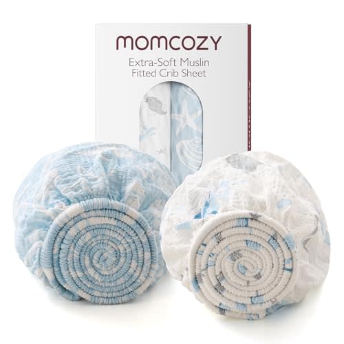 Momcozy Muslin Fitted Mini Crib Sheets, 38''x26'', 2 Pack Soft Breathable Natural Cotton Baby Mattress Sheet, 360° Mattress Wrapping No Slip Boys Girls Neutral Toddler Bed Sheet, Ocean Sound