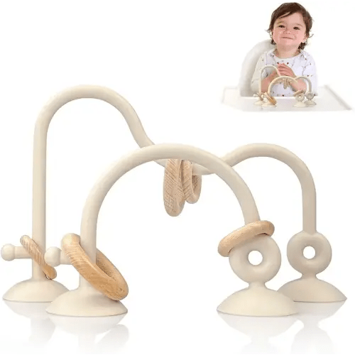 Baby Teething Toy, High Chair Suction Cup Toys for Infant Toddlers 0-6M, Food Grade Silicone Teether, Educational Parent-Child Baby Toys, Montessori Sensory Toy for Babies 6-12Months (Beige)