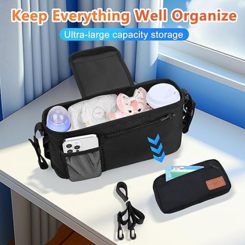 Guiseapue Universal Stroller Organizer with Cup Holder Detachable Phone Bag and Shoulder Strap, Stroller Caddy Fits for Stroller Accessories like Uppababy, Baby Jogger, Doona, Nuna Stroller