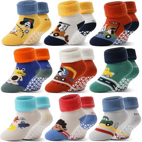 Sandsuced Baby Boys Girls Grips Socks Toddlers Kids Infants Anti Slip Non Skid Thermal Warm Thick Ankle Crew Socks 9 Pairs