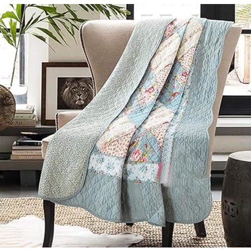 Cozyholy Original 100% Cotton Quilt Blue Floral Patchwork Quilted Throw Blanket, Reversible Bedspread Coverlet Vintage Shabby Chic Bedding Quilt for Bed Couch Sofa