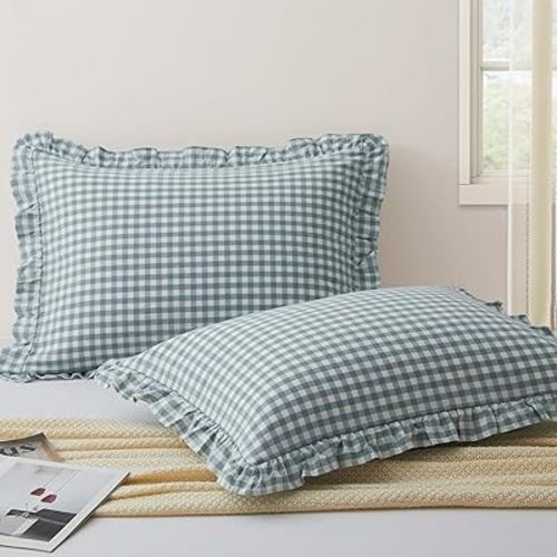 KKJIAF 2 Pcs Plaid Ruffle Pillow Case King Size, Dusty Blue Plaid