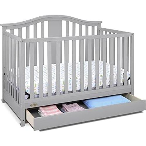 Graco Solano 4-in-1 Convertible Crib with Drawer (Pebble Gray) – GREENGUARD Gold Certified, Crib with Drawer Combo, Includes Full-Size Nursery Storage Drawer, Converts to Toddler Bed and Full-Size Bed