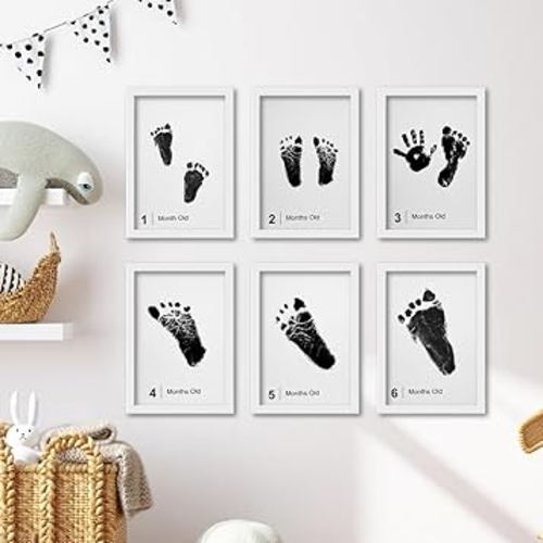 14 Pieces Baby Inkless Milestone Cards,1 Month to 12 Month Hand and Footprint Kit,Dog or Cat Pet Paw Print Kit, Newborn Sign Memory Kit-14 Ink Pad+14 Papers-(Gift Box + Album)