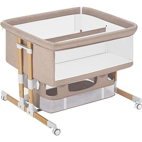 HARPPA DuoHarbor Twins Bassinet Bedside Sleeper, Bedside Crib with Storage and Anchor Strap for Newborns (Wood Grain, Khaki)