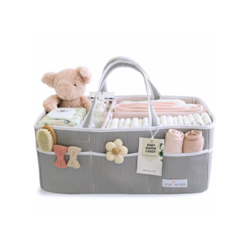 Lily Miles Baby Diaper Caddy - Organizer Tote Bag for Baby Girl Essentials - Baby Shower Basket - Nursery Must Haves - Registry Favorites - Newborn Caddie Car Travel - Gray/Blush, Extra Large