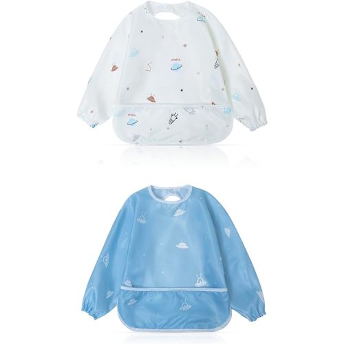 Little Dimsum Mess-Proof Baby Bibs|Infant Toddler Long Sleeve Waterproof Feeding Art Smock|Catching Food & Wipe Clean|Pack of 2 Colors Glatic&spaceship