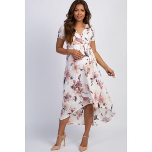 Maternity Ivory Watercolor Floral Hi-Low Wrap Dress