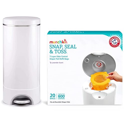 Munchkin Step Diaper Pail Powered by Arm & Hammer with Munchkin Arm & Hammer Diaper Pail Snap, Seal and Toss Refill Bags - Step Diaper Pail + 20 Refills