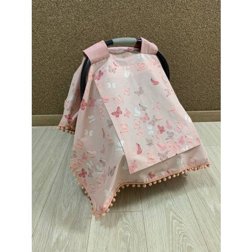 Car Seat Canopy Cover Baby Girl in Blush Butterflies Cotton Fabric with pompom & Peekaboo Mesh Window, Personalized Carseat Cover