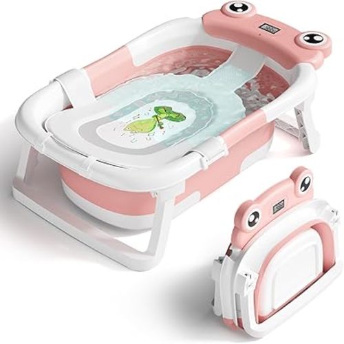 Baby Bathtub, Collapsible Newborn Bathtub for Infant to Toddler 0-24 Months with Soft Cushion and Thermometer,Portable Travel Newborn Tub with No-Slip Feet, Baby Shower Gifts,Pink