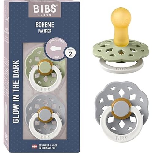 BIBS Boheme Glow in The Dark Soother 2-Pack. BPA Free. Round Latex, Size 2 (6-18 Months), Sage Glow/Cloud Glow