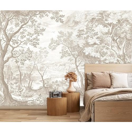 Vintage Beige Forest Woodland Mural Wallpaper for Bedroom Living Room (Not Peel n' Stick)