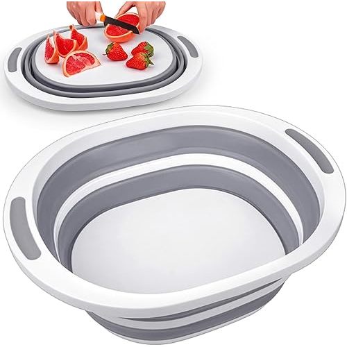 Collapsible Wash Basin, 7.5L Dish Tub Sink Basin Folding Dish Pans for Kitchen Sink, 2-in-1 Dishpan + Cutting Board, Portable Sink Dish Basin for Camping BBQ Prep Tub Washing Bin Bucket for Cleaning