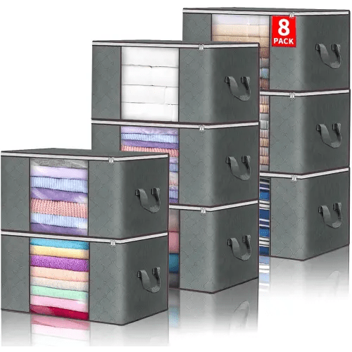 Budding Joy Clothes Storage, Foldable Large Storage Bags, Storage and Organization for Clothing, Blanket, Comforter, Clothes, Pillows, Toys, Closet Organizers with Enhanced Handle, 60L 8 Pack