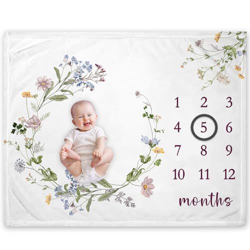 Yuzioey Wildflower Milestone Blanket, Wildflower Baby Growth Chart Monthly Blanket, Watch Me Grow Floral Baby Nursery for New Moms Baby Shower(50"x40")