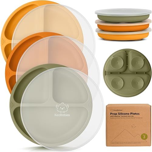 KeaBabies Suction Plates with Lids for Baby - 3-Pack 100% Silicone Toddler Plates with Suction, Divided, BPA-Free Baby Led Weaning Essentials for Kids, Dishwasher, Microwave Safe, Durable (Harvest)