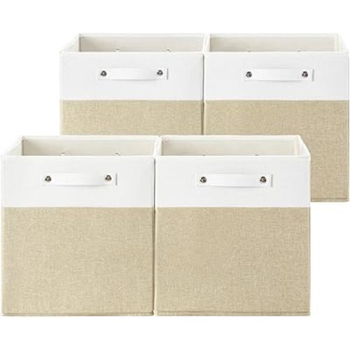 13 x 13 Inch Fabric Storage Cube Bins, 4 Pack Fine Linen Storage Boxes with Handles, Collapsible Basket Organizers for Shelves (White/Khiki)