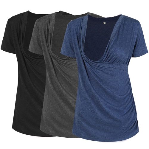 Liu & Qu Women's Maternity Nursing Tops, Layered Wrap for Breastfeeding, V-Neck Short Sleeve Tee Shirts 3 Packs