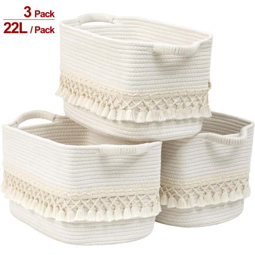 Natubeau 3 Pack Woven Storage Baskets, White 22L Large Storage Basket for Organizing, Cotton Rope Storage Bins with Heavy Tassel, Cube Laundry Baskets