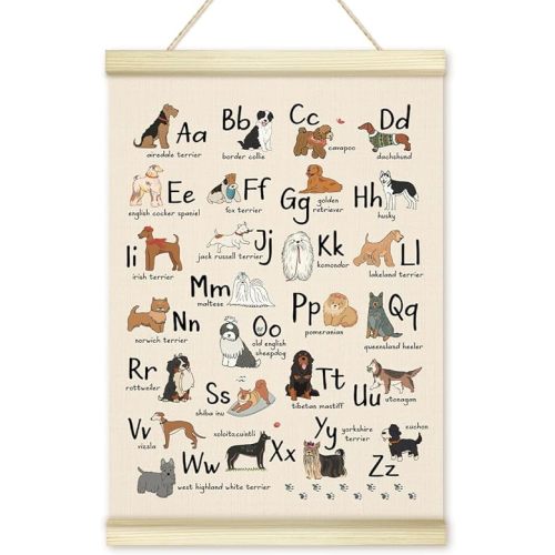 Animal Alphabet Poster Hanger Frame, ABC Educational Wooden Canvas Art Print, Positive Dog Wall Art for Boys Room Homeschool Preschool Classroom Nursery Playroom Home Decor 12x16in -33