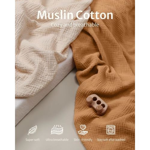 Blissful Diary Muslin Bassinet Sheets for Baby Girls Boys, Boho Soft Cotton Fitted for Oval Hourglass Rectangle Mattress, 2 Pack(Retro Yellow&Beige) - Retro Yellow & Beige - Bassinet Sheets 2 Pack