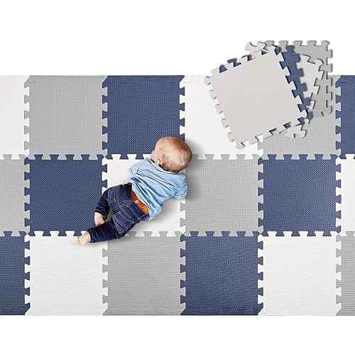LIVINGbasics Baby Play Mat, 0.39" Thin 18 pcs Puzzle EVA Foam Exercise Play Mat 1.62 Sqm Coverage Interlocking Floor Tiles, Portable Crawling Floor Mats for Kids Toddler (Blue)