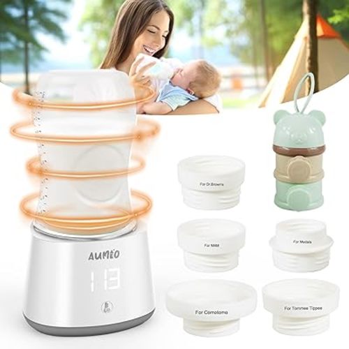 Bottle Warmer, Portable Baby Bottle Warmer for Travel with 5 Adapters & Formula Dispenser, Rechargeable Bottle Warmer Cordless for Breastmilk Formula with Smart Temperature Control, Leak-Proof