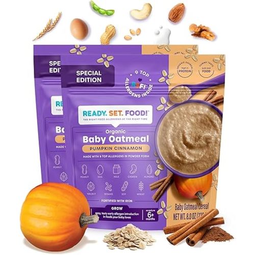 Ready Set Food Organic Baby Oatmeal Cereal – Safe & Easy Early Allergen Exposure for Babies 6+ Months, Organic Baby Food with 9 Top Allergens: Organic Peanuts, Milk, Eggs, Cashews & More (2-Pack)