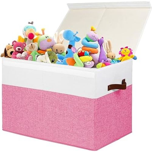 Large Toy Box with Lid, Sturdy Toy Storage Chest Bin Boxes Organizer Basket with Dividers for Toddlers, Kids, Boys, Girls, Nursery, Closet, Bedroom, Playroom 25"x13" x16" (Pink and White)
