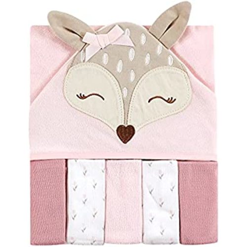 Hudson Baby Unisex Baby Hooded Towel and Five Washcloths, Fawn, One Size