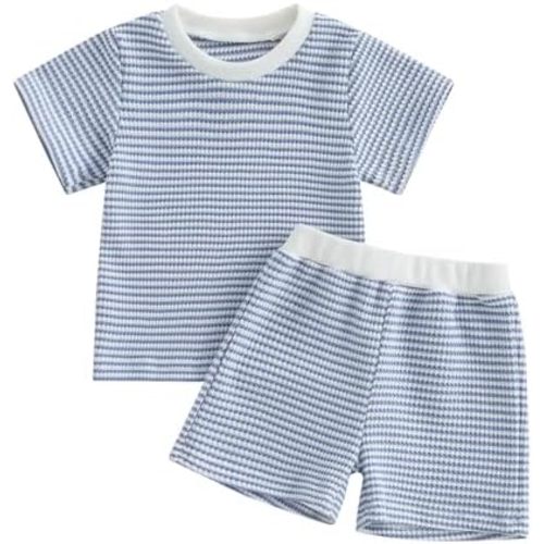 VISGOGO Baby Boy Girls Toddler Summer Outfit Striped T-shirt Toddler Boy Summer Clothes 6 12 18 Months 2 3 4 5 T Short Set