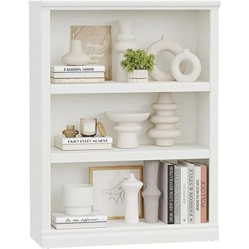 blini 3-Shelf Bookcase White Wooden Bookshelves 33in Wide Floor Standing Display Storage Book Shelves Tall Bookcase for Home Office, Living Room, Bedroom