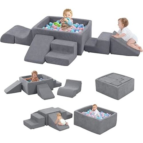 Foam Climbing Toys for Toddlers with Large Ball Pit, Foam Climbing Blocks, Soft Play Climb and Crawl Activity Playset, Toddler Play Crawling Climbing Sliding Indoor(Excluding Balls)