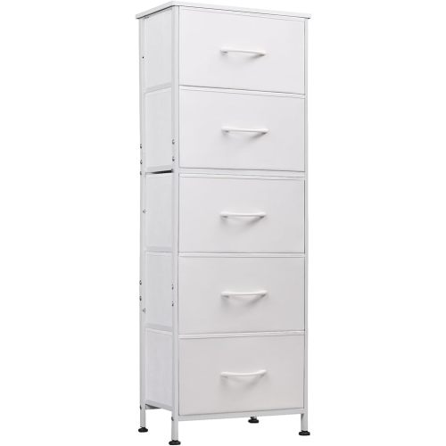 WLIVE Fabric Dresser, 5-Drawer Tall Dresser for Bedroom, Storage Dresser Organizer with Fabric Bins, Wood Top, Sturdy Steel Frame, Chest of Drawers for Closet, Hallway, White