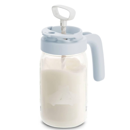 Papablic Glass Breastmilk Pitcher, Formula Mixing Pitcher with Mixing Handle Lid, Wide Mouth Mason Jar Mixer with Flip Locking Spout, Easy to Clean, BPA Free, Blue
