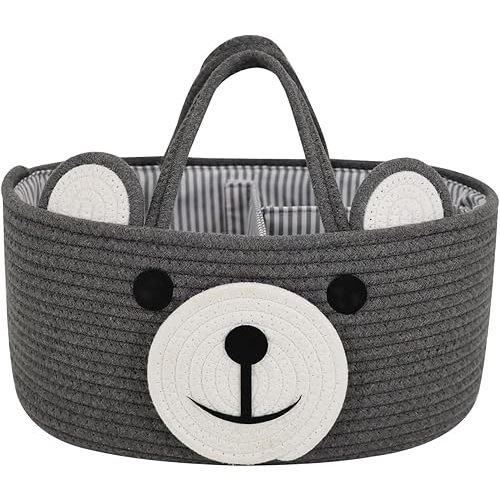 Home & Tots Baby Diaper Caddy Organizer, Cotton Rope Nursery Storage Basket for Diapers, Wipes & More, Gift for Baby Shower, Portable Organizer for Changing Table, Bear Design (Large Size - Dark Gray)