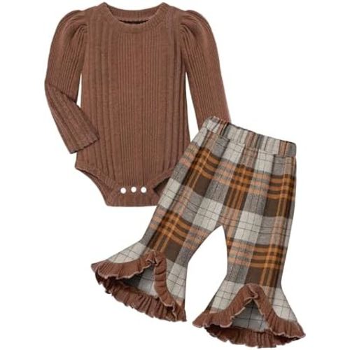 Von kilizo Infant Girl Clothes Baby Girl Winter Clothes Baby Girl Fall Outfits Long Sleeve Rib Romper Plaid Flare Pant Sets