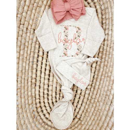 Personalized Knotted Gowns, 0-3 Months, Baby Shower Gift, Custom Going Home Outfit, Baby Girl