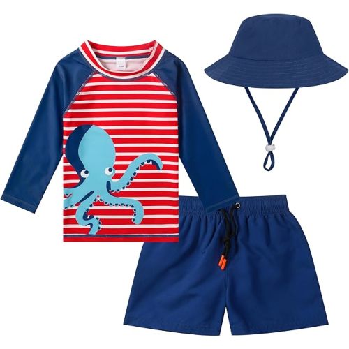 Toddlers and Baby Boys' 3-Piece Swimsuit Trunk Rashguard Set and Sun Hat Swimwear Bathing Suit Sunsuit Swim Shirt UPF 50+