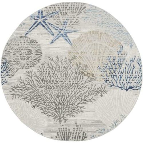 Nourison Pompeii Nautical Indoor Rug Ivory Grey Blue 7'10" x Round
