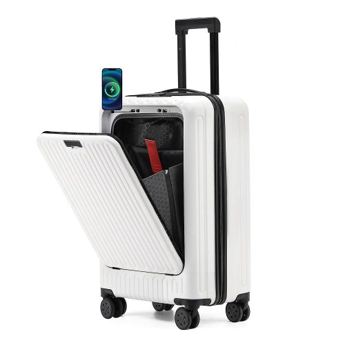 UrbanExporer Mini 20inch Carry On Luggage 22x14x9 Airline Approved, ABS+PC Hard Shell Suitcases with Front Pocket, Carry On Suitcases with Cup Holder, TSA Lock, USB Port, Capacity 33L, White