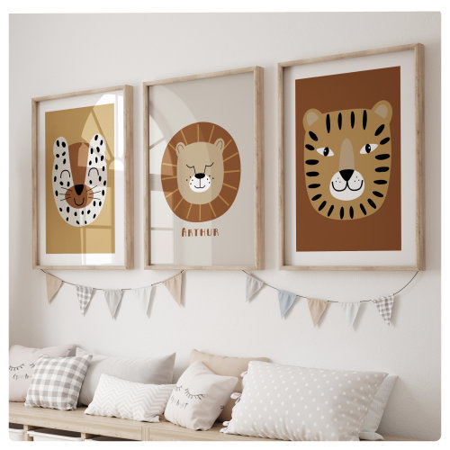Set of 3 animal prints, , jungle theme, safari, personalised, tiger , lion, cute, neutrals, baby nursery, children’s bedroom, playroom,