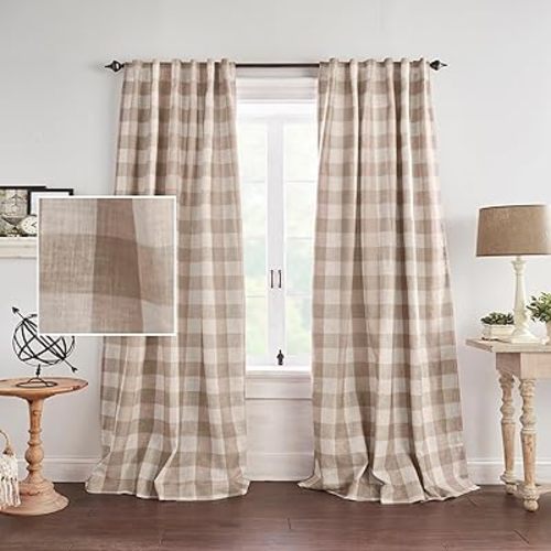 Elrene Home Fashions Farmhouse Living Grainger Buffalo-Check Blackout Window Curtain, Living Room and Bedroom Drape with Rod Pocket Tabs, 52" x 95", Linen, 1 Panel