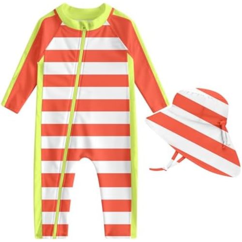 UNIFACO Baby Boy Swimsuit UPF 50+ Sun Protection One Piece Zip Bathing Suit with Sun Hat Infant Sunsuit Swimwear