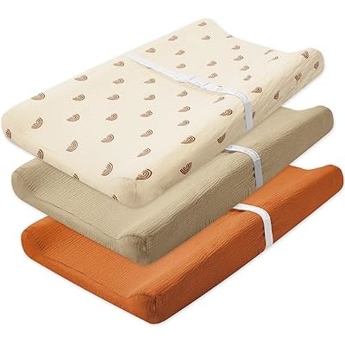 3 Pack Muslin Changing Pad Cover, Solid Changing Table Pad Cover, Soft Breathable Double Layer Boho Changing Pad Sheets Fit for Standard Changing Pad 16" x 32" (Rainbow & Orange & Khaki)