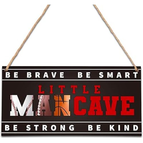 Little Man Cave, All-Star Sports Wood Sign Door Hanging Decor, Boys Decorations for Bedroom Nursery Playroom Wall Art (5"x10") -A04